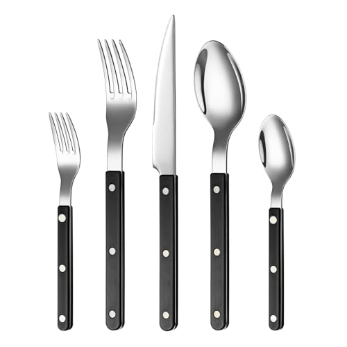 Khen Cutlery Set of 20, 18/8 Stainless Steel Flatware, Modern Silverware for Home, Kitchen, Dining & Table Setting for 4 – Stainless Steel, Dishwasher Safe, Lightweight & Ergonomic Design Gift - Black - Image 1