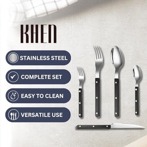 Khen Cutlery Set of 20, 18/8 Stainless Steel Flatware, Modern Silverware for Home, Kitchen, Dining & Table Setting for 4 – Stainless Steel, Dishwasher Safe, Lightweight & Ergonomic Design Gift - Black - Image 5