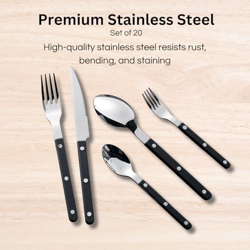Khen Cutlery Set of 20, 18/8 Stainless Steel Flatware, Modern Silverware for Home, Kitchen, Dining & Table Setting for 4 – Stainless Steel, Dishwasher Safe, Lightweight & Ergonomic Design Gift - Black - Image 4