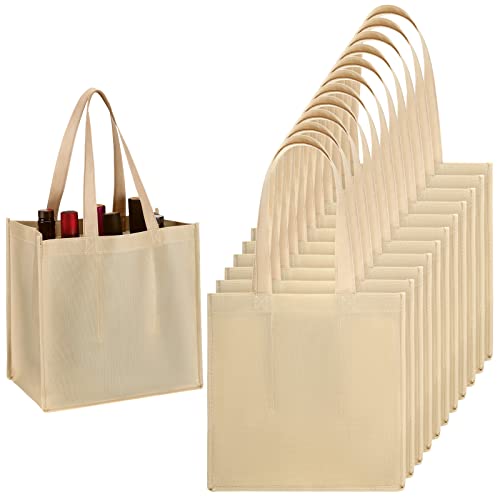 Hoolerry 12 Pcs 6 Bottle Non Woven Wine Carrier with Divider Washable Reusable Tote Bag Portable Wine Gift Bag for Travel Camping Picnic - Image 1
