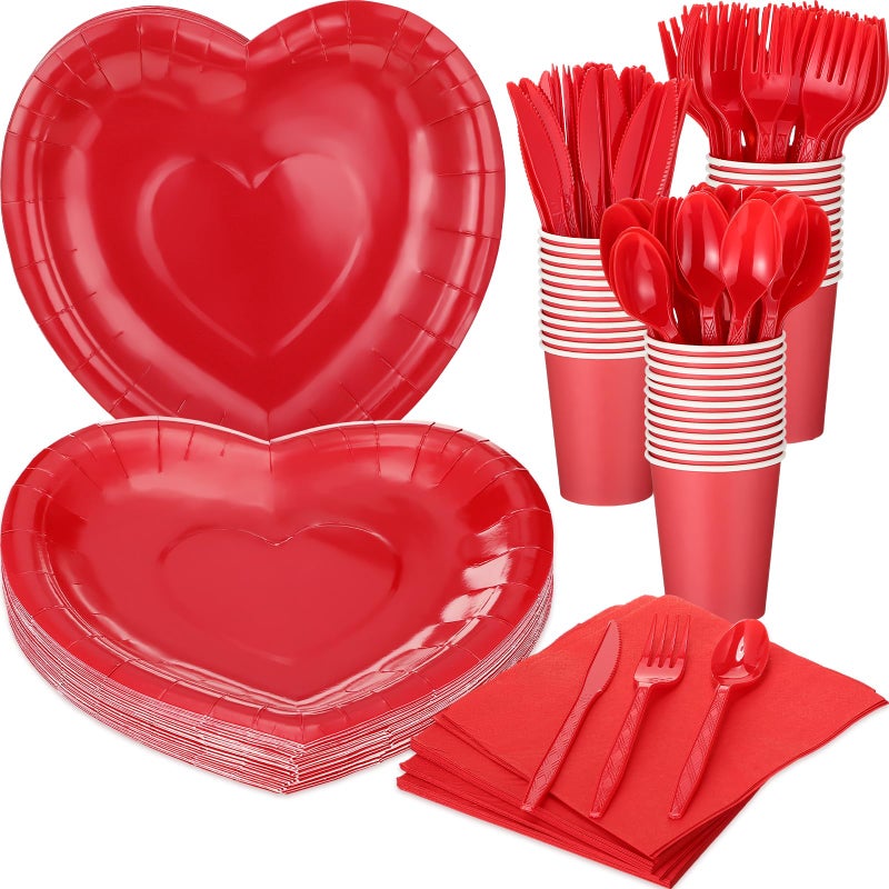 FoldTier 216 Pcs Valentines Red Heart Paper Plates and Napkins 36 Guests Valentines Day Disposable Tableware Party Supplies Includes Paper Plates Cups Napkins Plastic Knives Forks and Spoons Bulk - Image 1