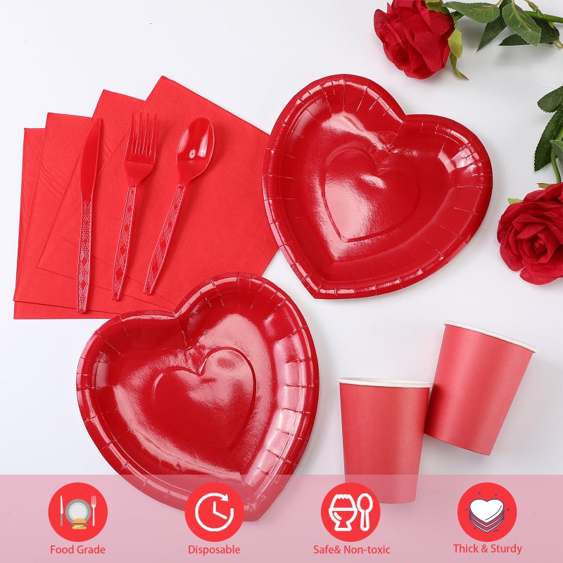 FoldTier 216 Pcs Valentines Red Heart Paper Plates and Napkins 36 Guests Valentines Day Disposable Tableware Party Supplies Includes Paper Plates Cups Napkins Plastic Knives Forks and Spoons Bulk - Image 4