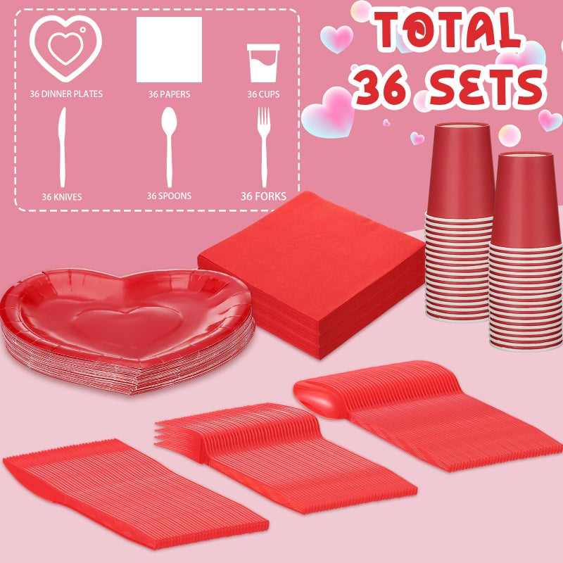 FoldTier 216 Pcs Valentines Red Heart Paper Plates and Napkins 36 Guests Valentines Day Disposable Tableware Party Supplies Includes Paper Plates Cups Napkins Plastic Knives Forks and Spoons Bulk - Image 3
