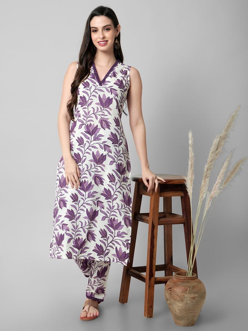 rytras Women's Cotton Cotton Printed Straight Kurta and Pant Set(Purple,S) - Image 5