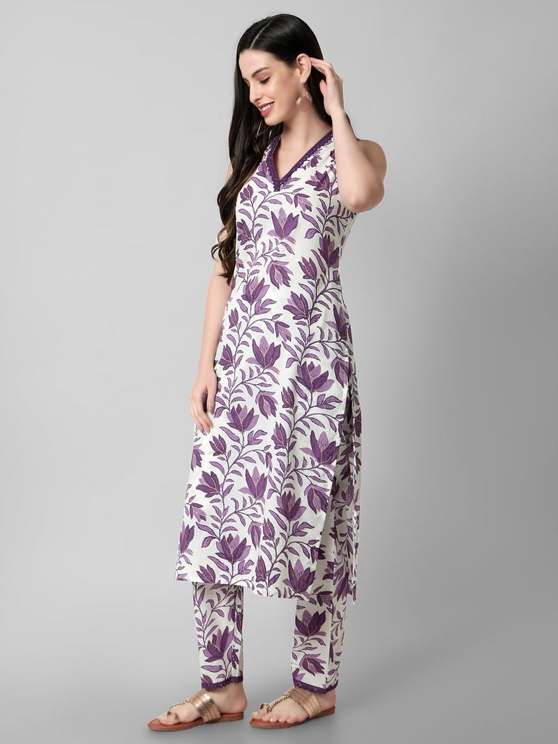 rytras Women's Cotton Cotton Printed Straight Kurta and Pant Set(Purple,S) - Image 3