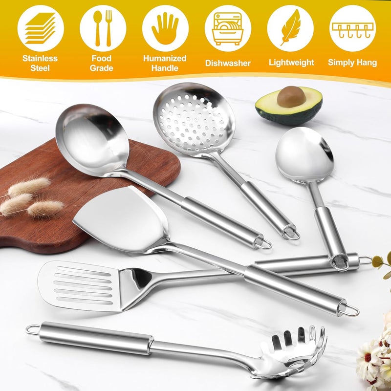 E-far 6-Piece Cooking Utensils Set, Stainless Steel Kitchen Utensils, Metal Heat Resistant Kitchen Tools Set Including Spoon, Soup Ladle, Slotted/Solid Turner, Skimmer, Pasta Server, Dishwasher Safe - Image 4