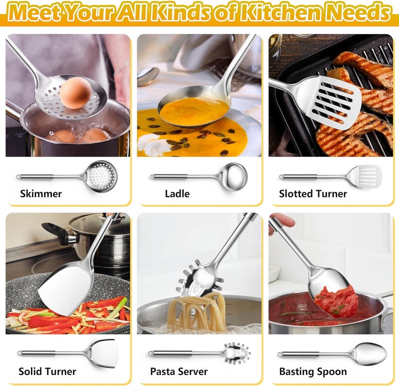 E-far 6-Piece Cooking Utensils Set, Stainless Steel Kitchen Utensils, Metal Heat Resistant Kitchen Tools Set Including Spoon, Soup Ladle, Slotted/Solid Turner, Skimmer, Pasta Server, Dishwasher Safe - Image 3