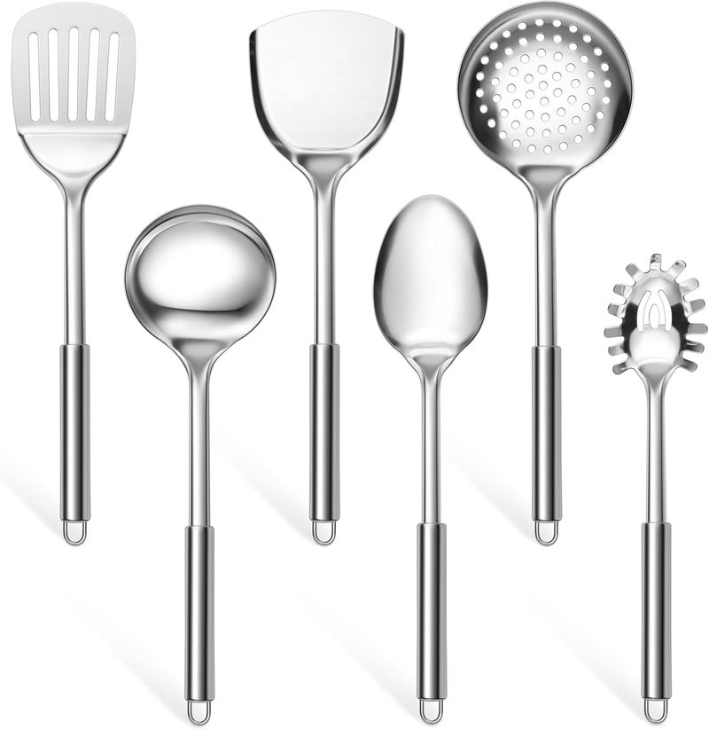 E-far 6-Piece Cooking Utensils Set, Stainless Steel Kitchen Utensils, Metal Heat Resistant Kitchen Tools Set Including Spoon, Soup Ladle, Slotted/Solid Turner, Skimmer, Pasta Server, Dishwasher Safe - Image 1