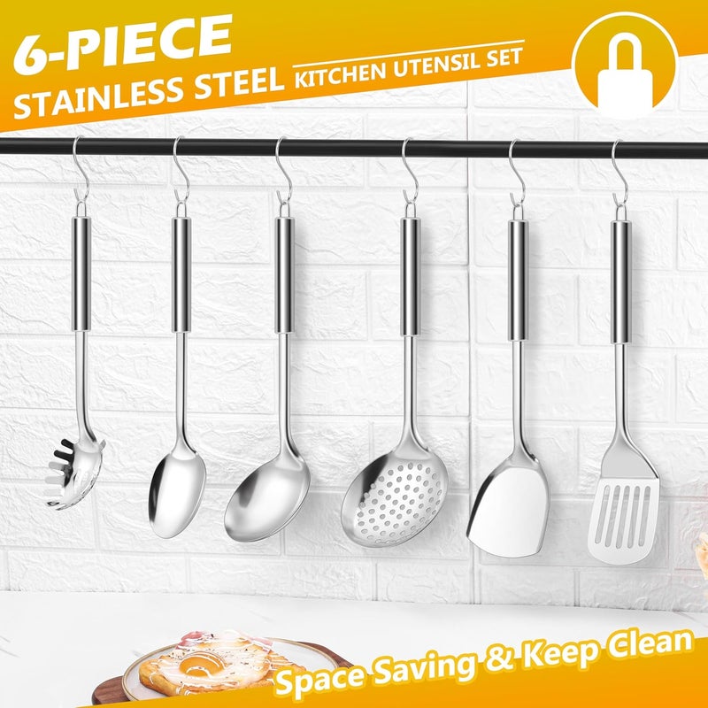 E-far 6-Piece Cooking Utensils Set, Stainless Steel Kitchen Utensils, Metal Heat Resistant Kitchen Tools Set Including Spoon, Soup Ladle, Slotted/Solid Turner, Skimmer, Pasta Server, Dishwasher Safe - Image 5
