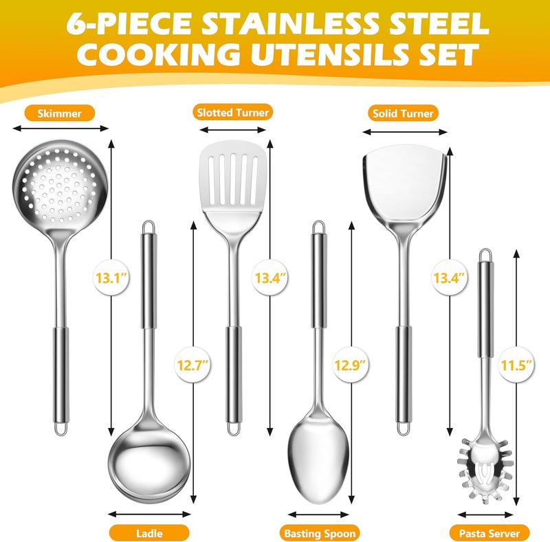 E-far 6-Piece Cooking Utensils Set, Stainless Steel Kitchen Utensils, Metal Heat Resistant Kitchen Tools Set Including Spoon, Soup Ladle, Slotted/Solid Turner, Skimmer, Pasta Server, Dishwasher Safe - Image 2