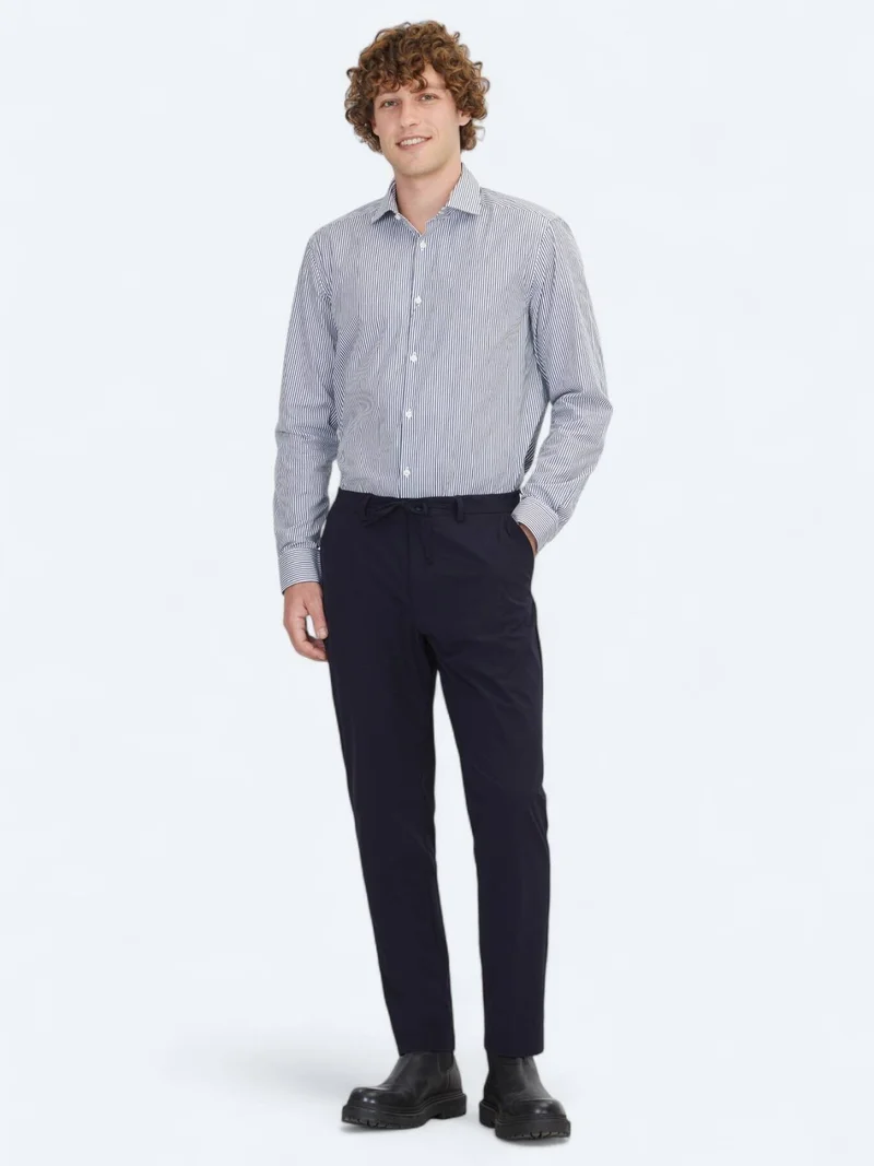 Kip Navy Blue Weaving Jogging Fit Casual Trousers