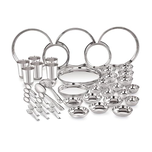 Neelam Stainless Steel Dinner Set, 24 Gauge Quality, Solid 50 Pcs Set Serving 6 People, Silver, Dishwasher Safe, Ideal Gifting Dinner Set for Anniversary, Wedding, Housewarming Party, Easy to Clean - Image 1