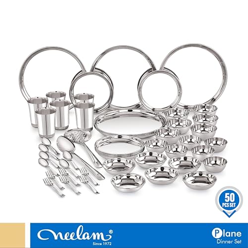 Neelam Stainless Steel Dinner Set, 24 Gauge Quality, Solid 50 Pcs Set Serving 6 People, Silver, Dishwasher Safe, Ideal Gifting Dinner Set for Anniversary, Wedding, Housewarming Party, Easy to Clean - Image 2