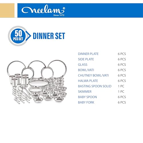 Neelam Stainless Steel Dinner Set, 24 Gauge Quality, Solid 50 Pcs Set Serving 6 People, Silver, Dishwasher Safe, Ideal Gifting Dinner Set for Anniversary, Wedding, Housewarming Party, Easy to Clean - Image 5