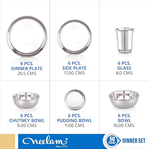 Neelam Stainless Steel Dinner Set, 24 Gauge Quality, Solid 50 Pcs Set Serving 6 People, Silver, Dishwasher Safe, Ideal Gifting Dinner Set for Anniversary, Wedding, Housewarming Party, Easy to Clean - Image 3