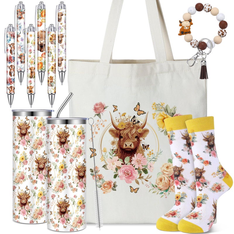 Skylety 5 Pcs Highland Cow Gifts Set for Women 20 oz Tumbler Floral Canvas Bag Pen Socks Silicone Keychain for Mom Sister Cow Lover Cute Christmas Birthday GiftsFlowers - Image 2