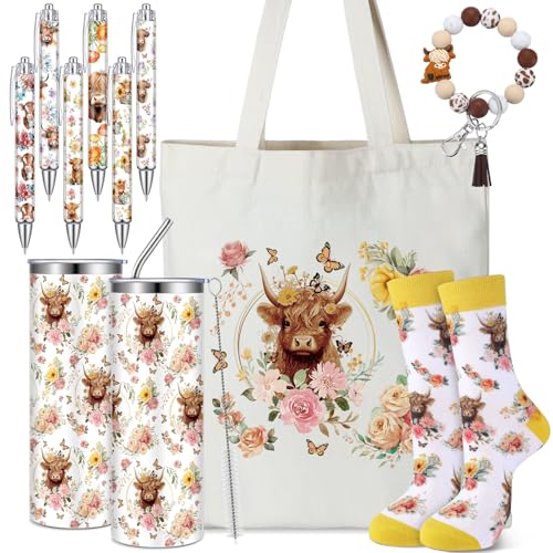 Skylety 5 Pcs Highland Cow Gifts Set for Women 20 oz Tumbler Floral Canvas Bag Pen Socks Silicone Keychain for Mom Sister Cow Lover Cute Christmas Birthday GiftsFlowers - Image 1