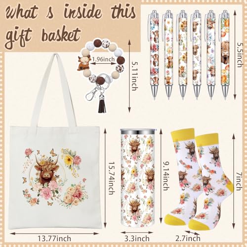 Skylety 5 Pcs Highland Cow Gifts Set for Women 20 oz Tumbler Floral Canvas Bag Pen Socks Silicone Keychain for Mom Sister Cow Lover Cute Christmas Birthday GiftsFlowers - Image 3
