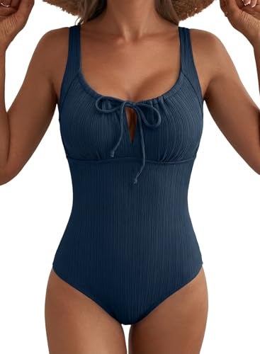 Aleumdr Textured Tummy Control Swimsuits for Women Tie Knot One Piece Bathing Suit Drawstring Slimming Vintage Swimwear Sail Blue X-Large - Image 1