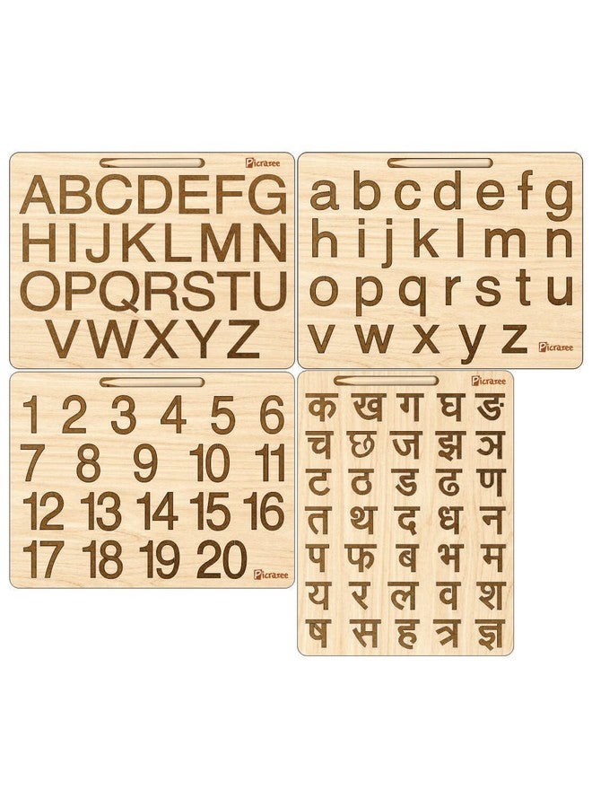 PICRAZEE لوحة تتبع تعليمية خشبية بيكرازي للأطفال | ألواح الكتابة والتعلم للأطفال | مجموعة من 4 (الحروف الإنجليزية الصغيرة والكبيرة، الحروف الهندية والأرقام) - Image 1