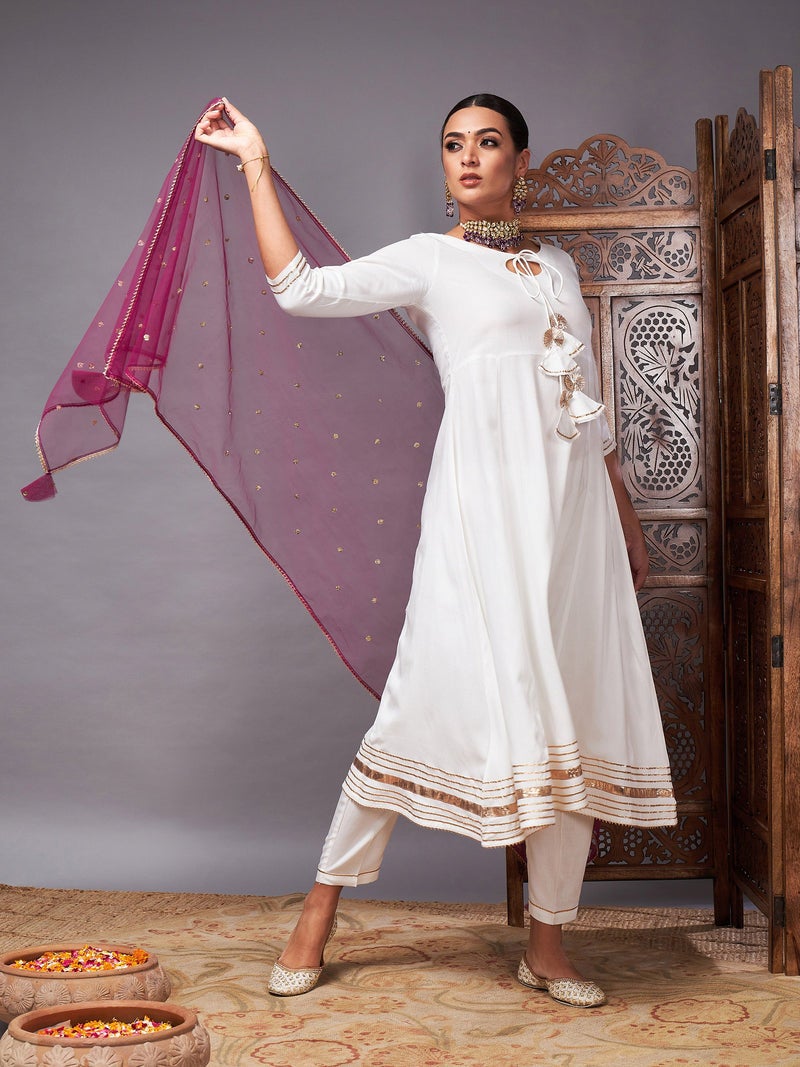 PRASHA Women Off White Kurta Set With Burgundy Net Sequins Dupatta - Image 3