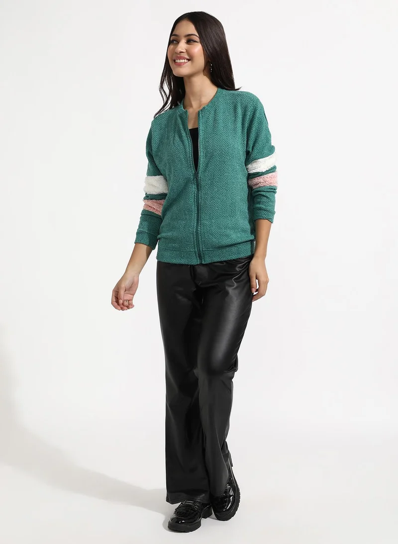 Pinacolada  Women's Sea Green Zip-Front Chevron Jacket for Women | Best Price UAE