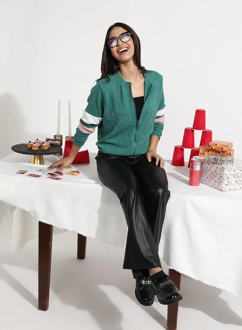 Pinacolada  Women's Sea Green Zip-Front Chevron Jacket for Women | Best Price UAE