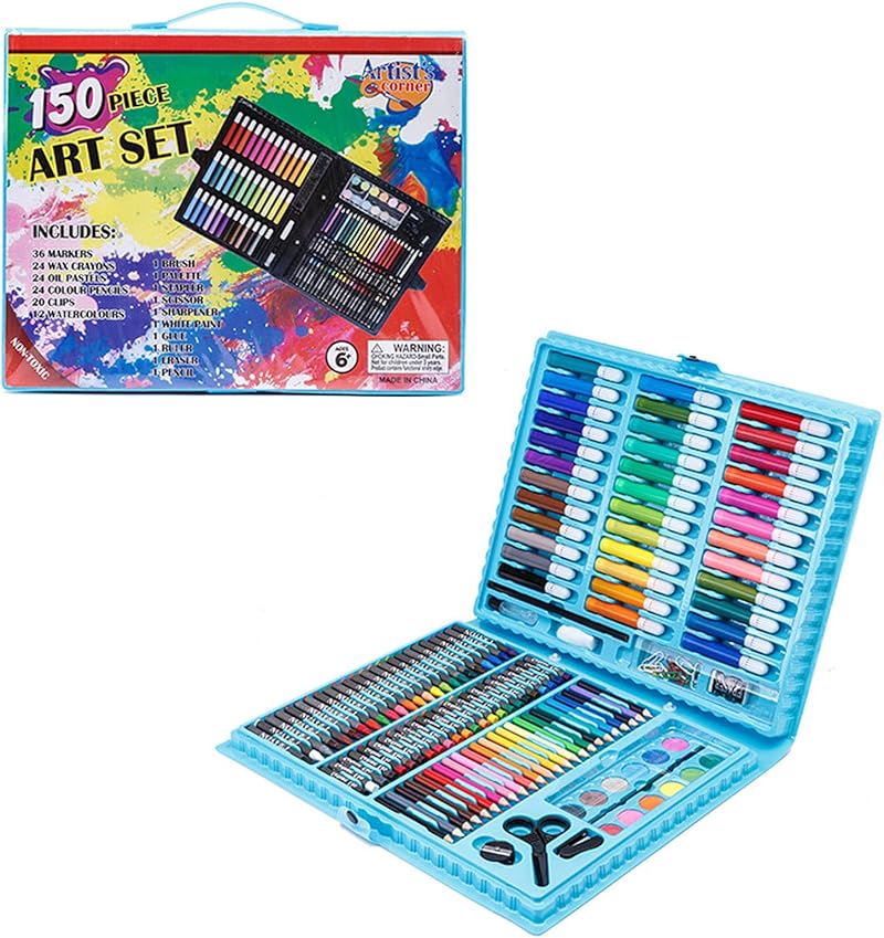 RoseFlower 150 Pieces Children's Drawing Case, Colouring Case for Girls, Boys, Teens, Drawing Set, Coloured Pencils, Oil Pastels, Pencil Sharpener #Blue