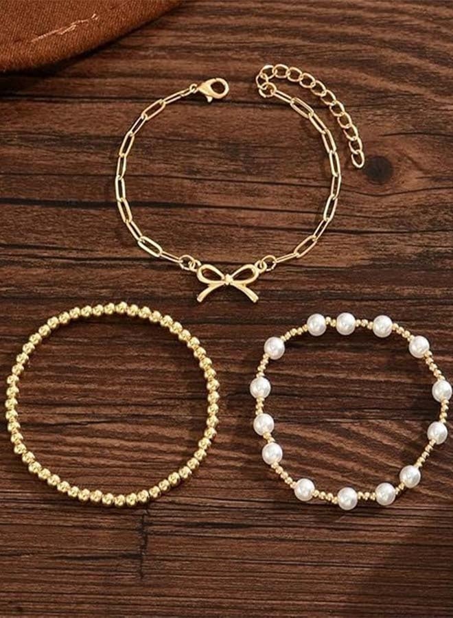 Vintage Gold Pearl Bow Bracelet Set, Exquisite Pearl Beaded Ribbon Bracelet, Personalized Anniversary Jewelry Gift Set For Women (3 Pieces). - Image 3