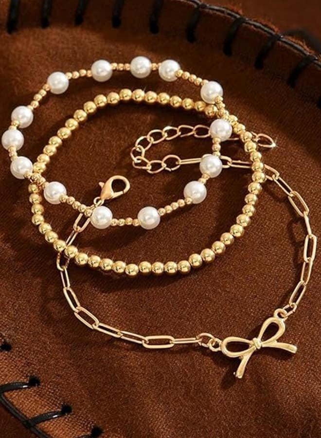 Vintage Gold Pearl Bow Bracelet Set, Exquisite Pearl Beaded Ribbon Bracelet, Personalized Anniversary Jewelry Gift Set For Women (3 Pieces). - Image 4