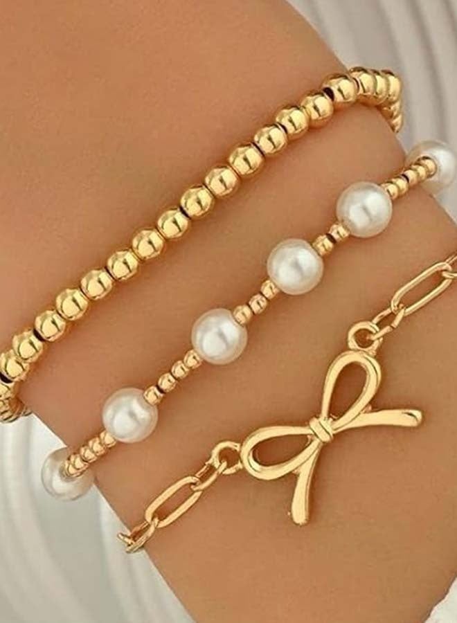 Vintage Gold Pearl Bow Bracelet Set, Exquisite Pearl Beaded Ribbon Bracelet, Personalized Anniversary Jewelry Gift Set For Women (3 Pieces). - Image 2