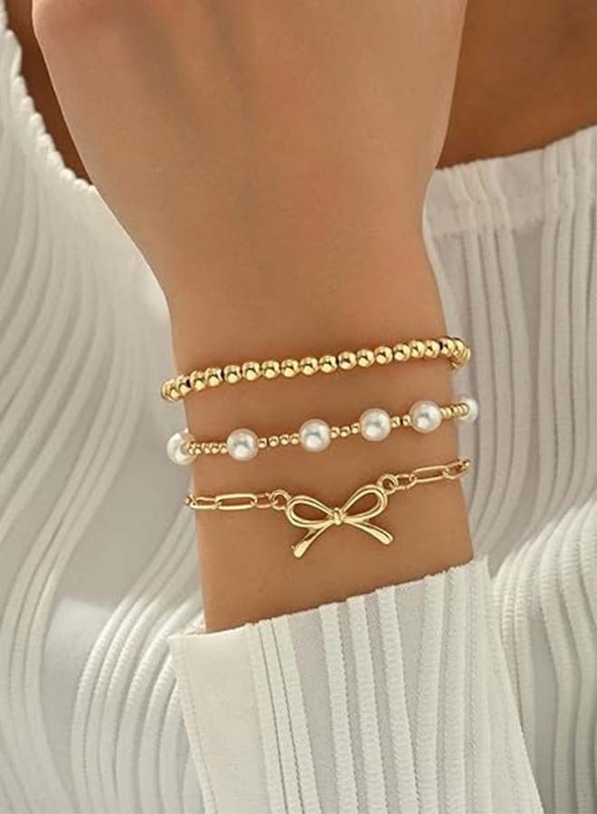 Vintage Gold Pearl Bow Bracelet Set, Exquisite Pearl Beaded Ribbon Bracelet, Personalized Anniversary Jewelry Gift Set For Women (3 Pieces). - Image 1