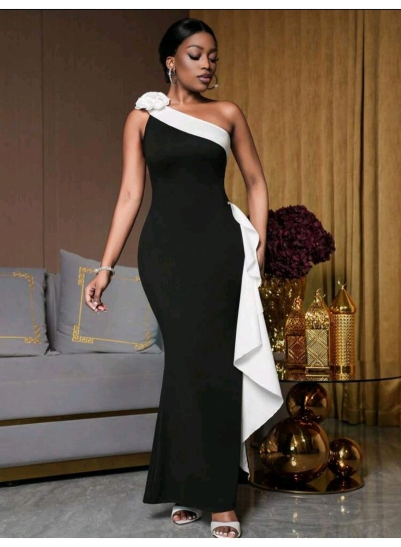 SHEIN Women's Elegant Personalized Color-Blocking One Shoulder Floral Decor DRESS - Image 4