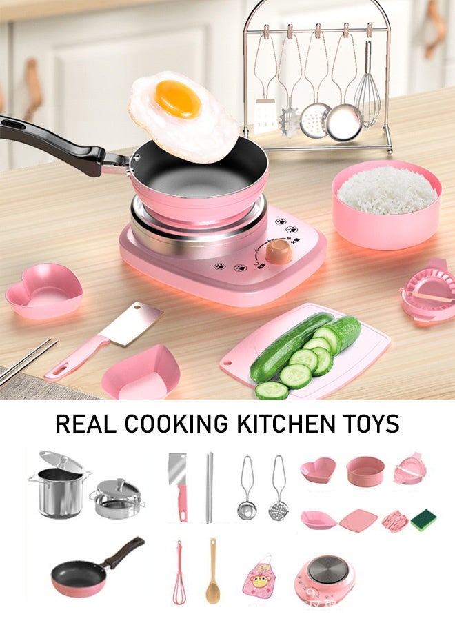 Kitchen Role Play Playset, Pretend Play Cookware Indoor DIY Toy Game, Kitchen Accessories Playset with Spray and Light for Boys Girls Kids, Pink - Image 4