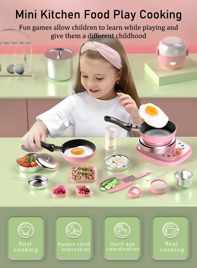 Kitchen Role Play Playset, Pretend Play Cookware Indoor DIY Toy Game, Kitchen Accessories Playset with Spray and Light for Boys Girls Kids, Pink - Image 3