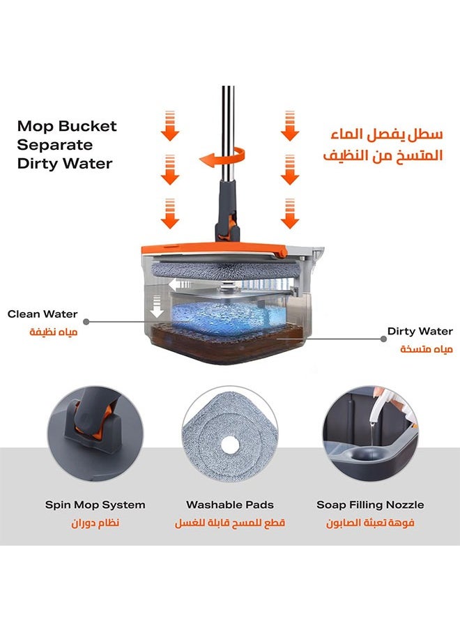 Floor Mop Set Spin Mop and Bucket Set with 6 Microfibre Mop Pads with Self-Separating Dirt and Fresh Water System Self-wringing 360° Rotating Square Mop Head