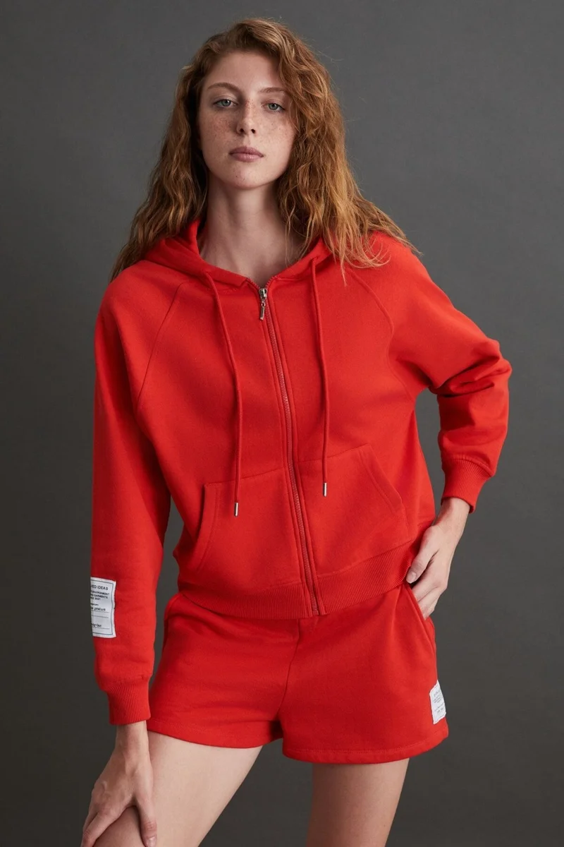 GRIMELANGE Lyka Women's Organic Cotton 3 Thread Ribbed Decorative Label Detailed Regular Red Sweatshirt