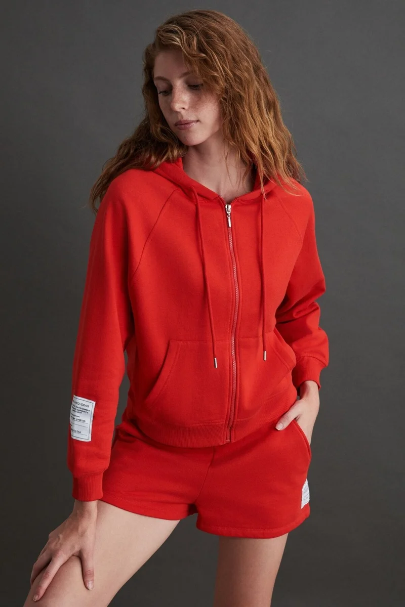 GRIMELANGE Lyka Women's Organic Cotton 3 Thread Ribbed Decorative Label Detailed Regular Red Sweatshirt
