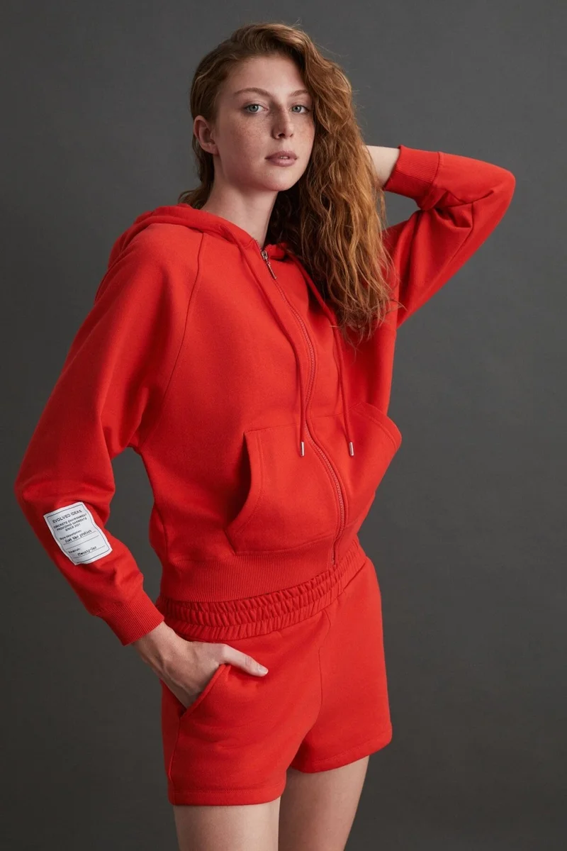 GRIMELANGE Lyka Women's Organic Cotton 3 Thread Ribbed Decorative Label Detailed Regular Red Sweatshirt