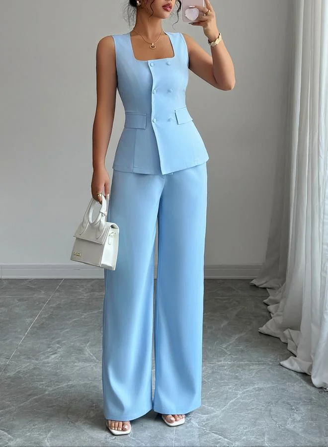 Take Two Blue Square Neck Waistcoat and Wide Leg Trousers Co-ord Set