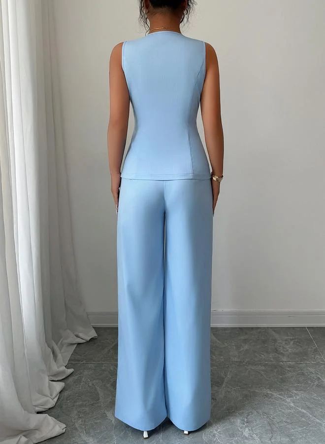 Take Two Blue Square Neck Waistcoat and Wide Leg Trousers Co-ord Set