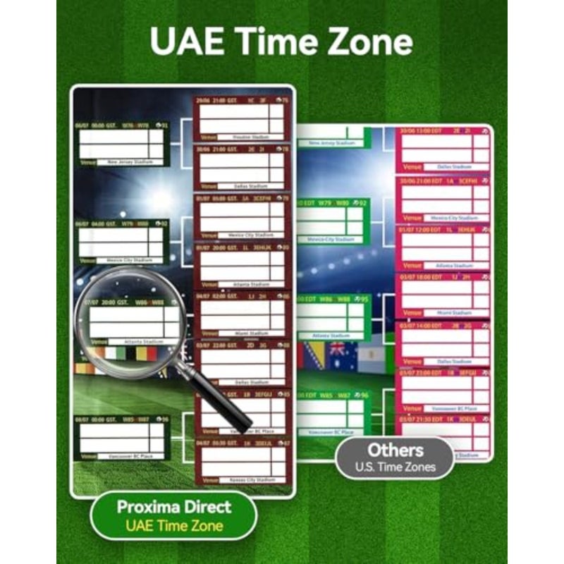 مخطط حائط لكأس العالم 2026، المنطقة الزمنية لدولة الإمارات العربية المتحدة، قطعتان من الملصقات الورقية لجدول مباريات البطولة مقاس 87 × 58 سم مع قلم وشريط إسفنجي مستدير بطول 3 أمتار مزدوج الجوانب لتتبع التركيبات - Image 2