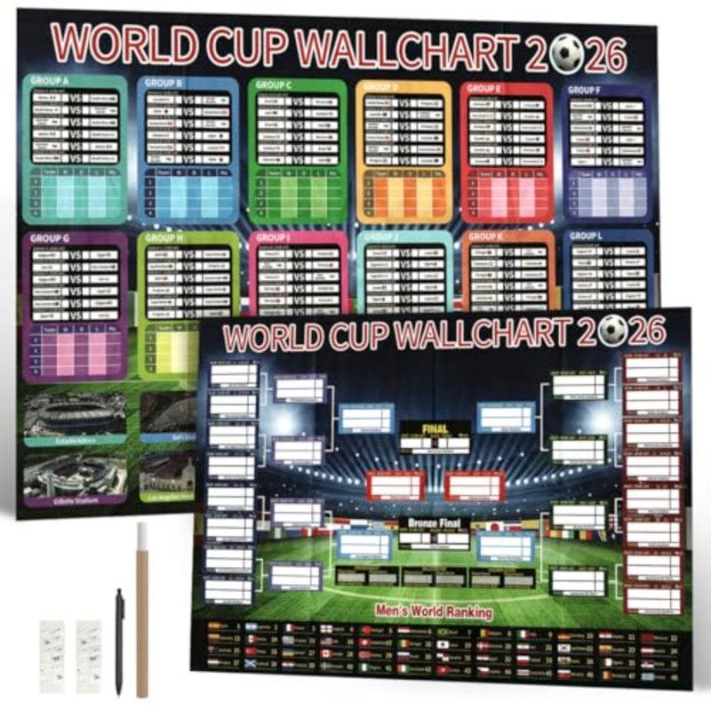 مخطط حائط لكأس العالم 2026، المنطقة الزمنية لدولة الإمارات العربية المتحدة، قطعتان من الملصقات الورقية لجدول مباريات البطولة مقاس 87 × 58 سم مع قلم وشريط إسفنجي مستدير بطول 3 أمتار مزدوج الجوانب لتتبع التركيبات - Image 1