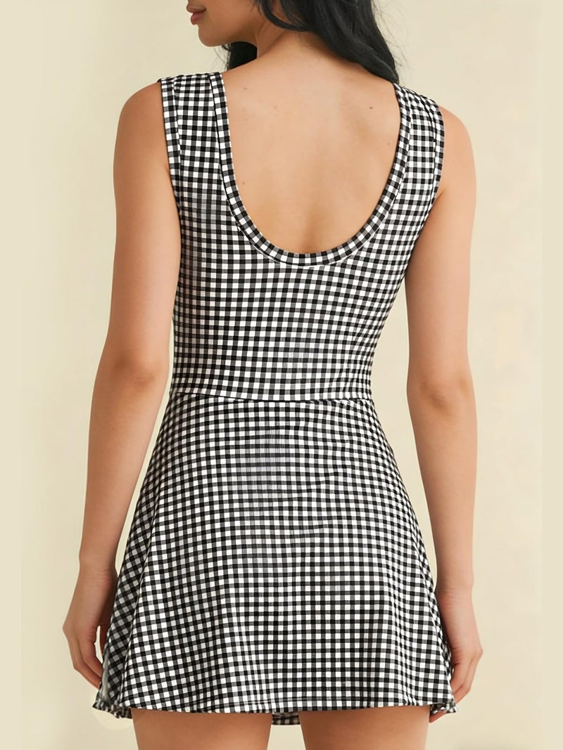 Wenrine Womens Summer Backless Mini Dress Gingham Wrap Tie Waist Romper Skort Built in Shorts Vacation Tank Sundress Black - Image 3
