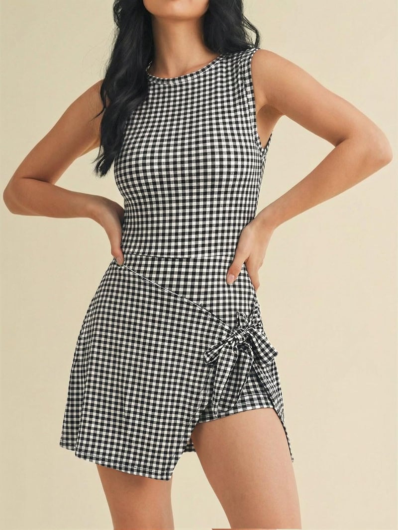 Wenrine Womens Summer Backless Mini Dress Gingham Wrap Tie Waist Romper Skort Built in Shorts Vacation Tank Sundress Black - Image 2