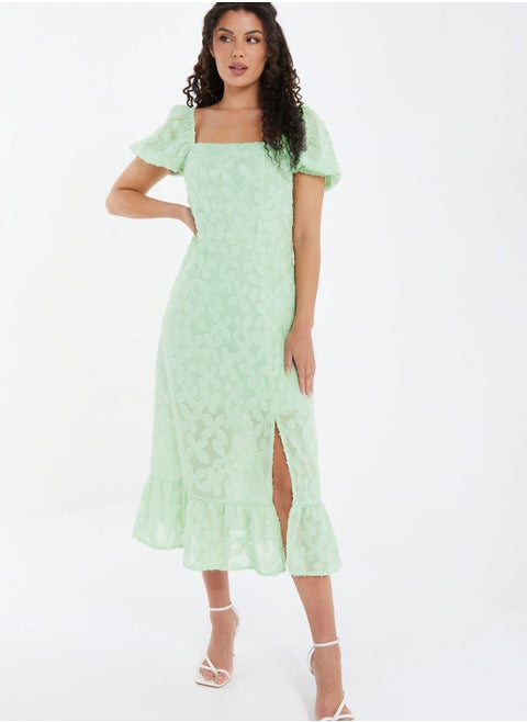 Puff Sleeve Ruffle Hem Mesh Dress