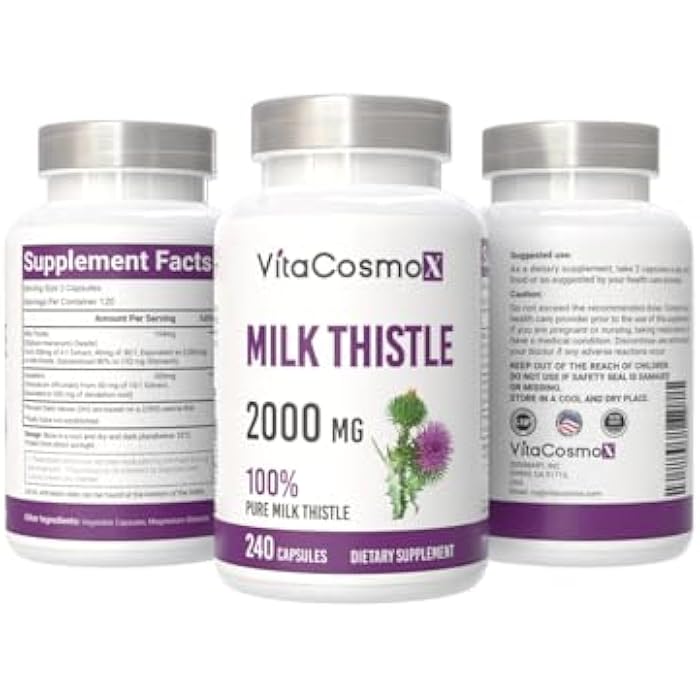 VitaCosmoX Milk Thistle 2,000 mg, Vegan Capsules, 240 Count, Milk Thistle and Dandelion Root Extract, Non-GMO, Gluten-Free - Image 2