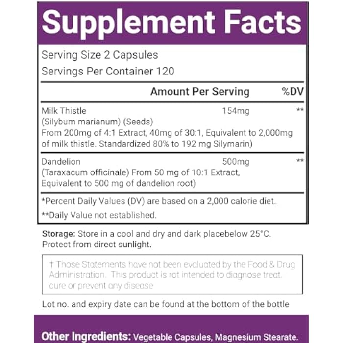 VitaCosmoX Milk Thistle 2,000 mg, Vegan Capsules, 240 Count, Milk Thistle and Dandelion Root Extract, Non-GMO, Gluten-Free - Image 5