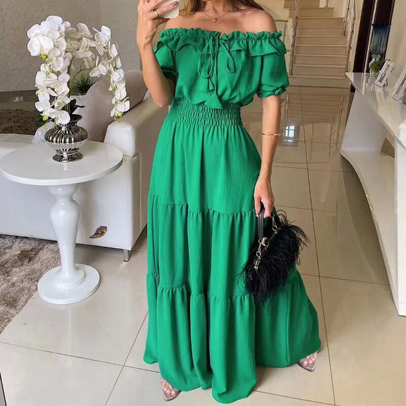 2024 new European and American cross-foreign fashion Lotus lace-up leaf tube top puff sleeve large swing dress Blue - Image 3