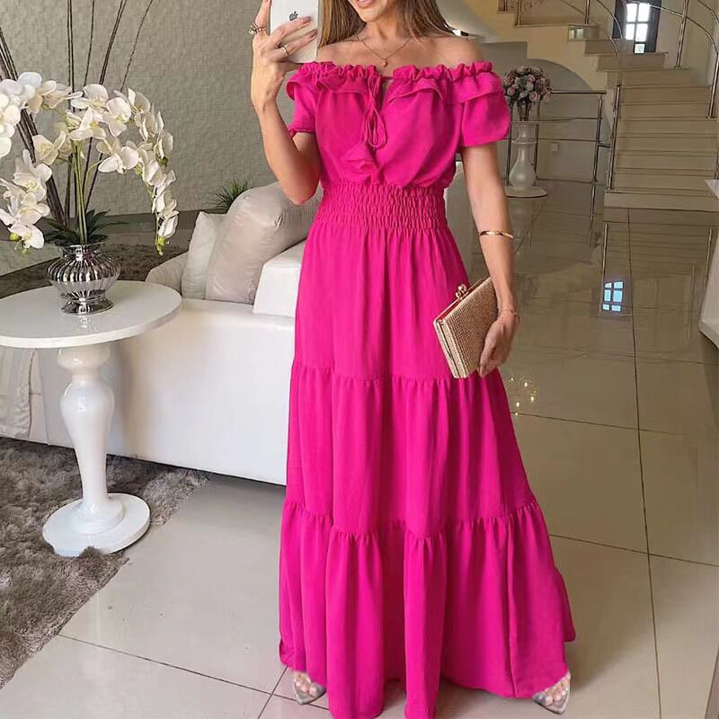 2024 new European and American cross-foreign fashion Lotus lace-up leaf tube top puff sleeve large swing dress Blue - Image 4